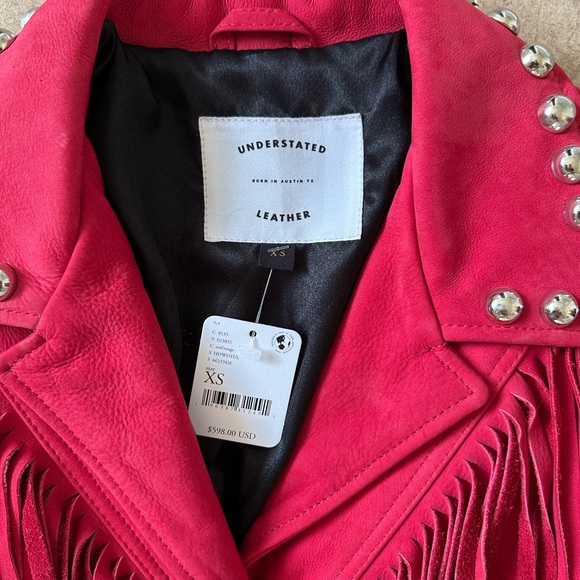 NWT Understated Leather Vibrant Berry Red Studded Fringe Leather Jacket XS - Picture 5 of 5